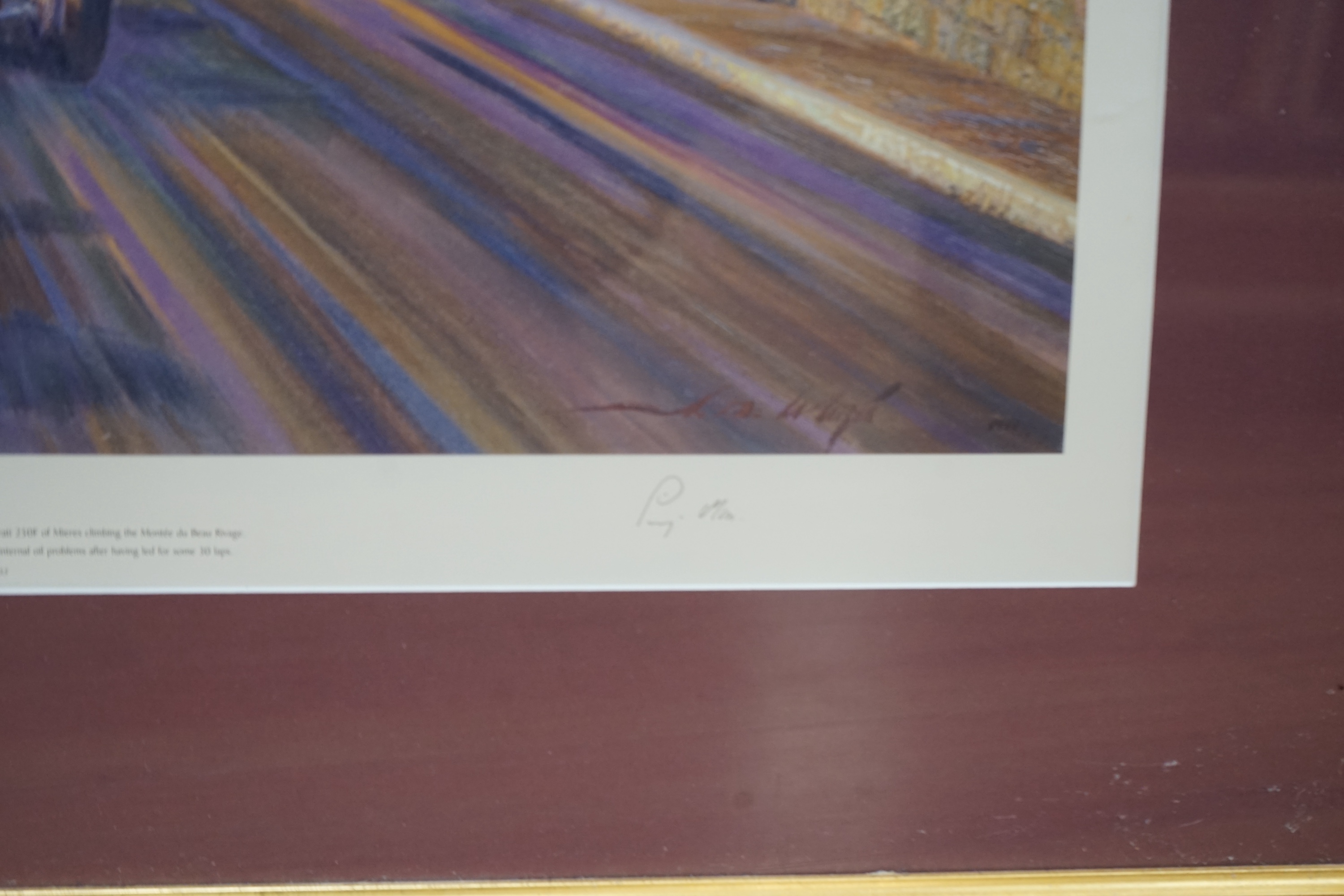 After Alfredo De La Maria (Uruguayan, b.1945), colour print, 'Monaco Magic', limited edition 567/850, signed in pencil by Sir Stirling Moss and Maurice Trintignant, c.o.a. verso, 61 x 69cm. Condition - good